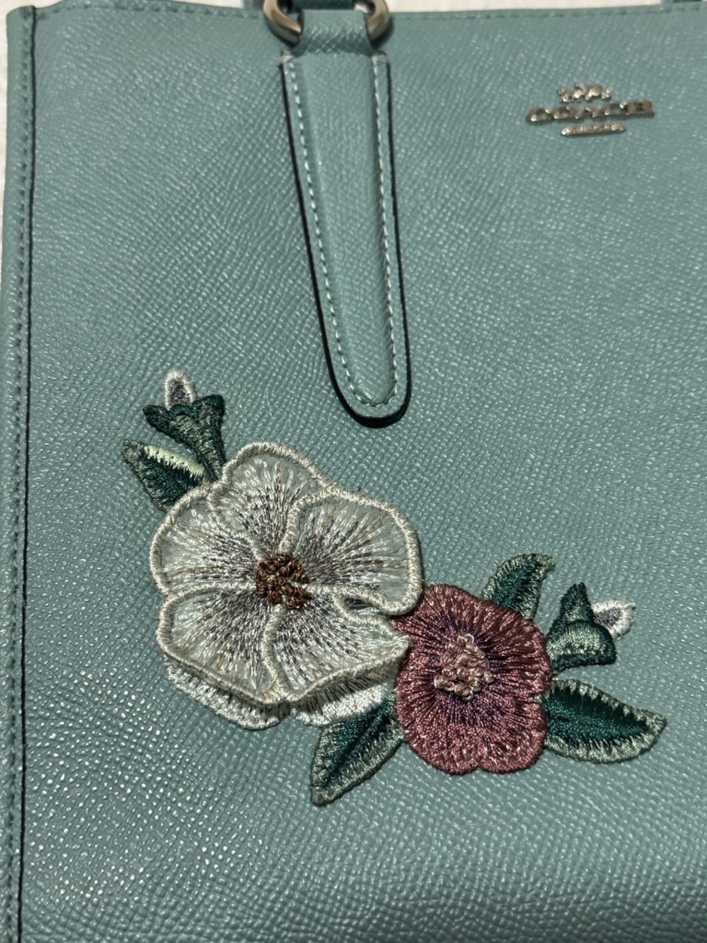 COACH Light Blue  Floral Applique Leather Satchel with Top Handles - Picture 11 of 16